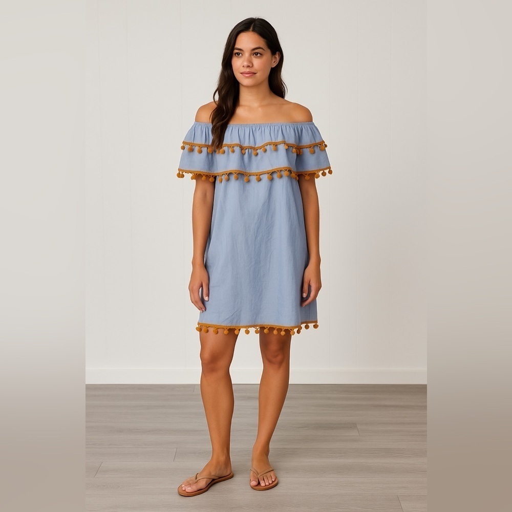Dress Off-Shoulder Resortwear Swim Coverup Pom-Poms Blue Brown Cotton Size 14-16